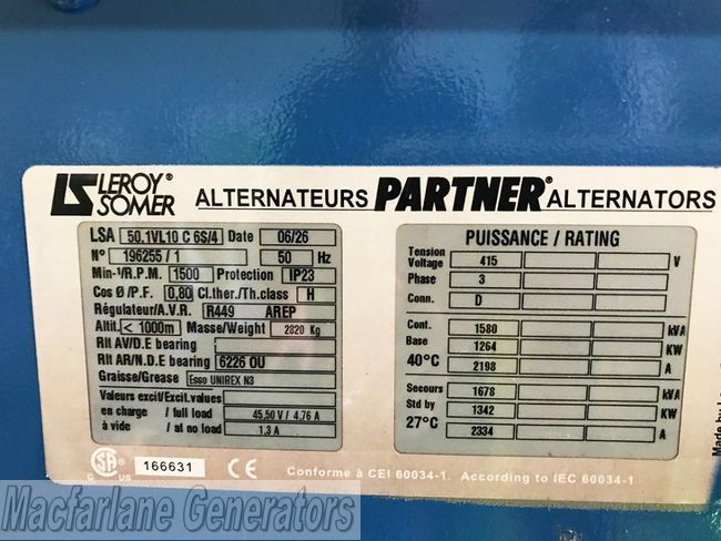 1580kVA Leroy Somer LSA 50.1 VL10