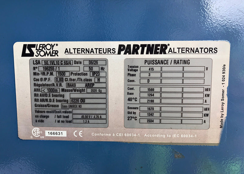 1580kVA Leroy Somer LSA 50.1 VL10-3