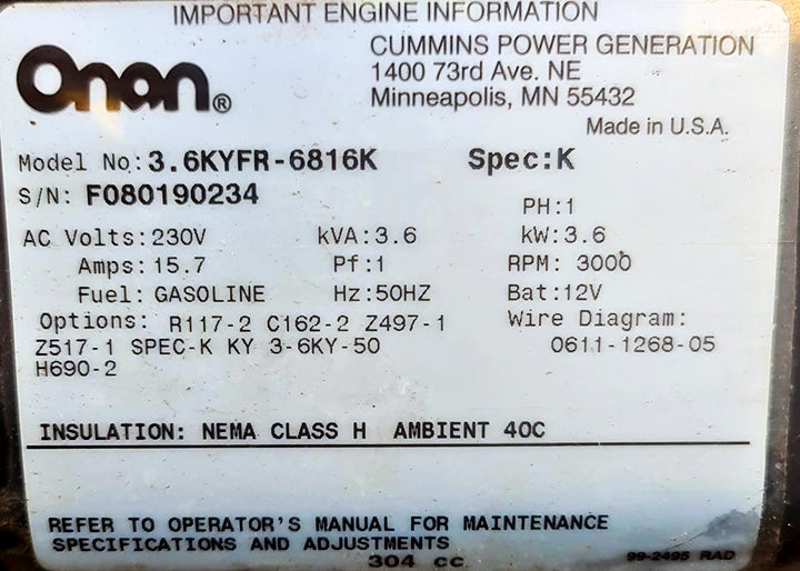 3.6kVA Pre-owned Cummins Onan Petrol Generator Set (U834)-2